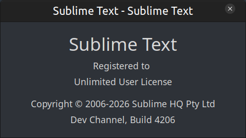 Sublime Text 4 About dialog showing Registered status on Build 4206 after patching
