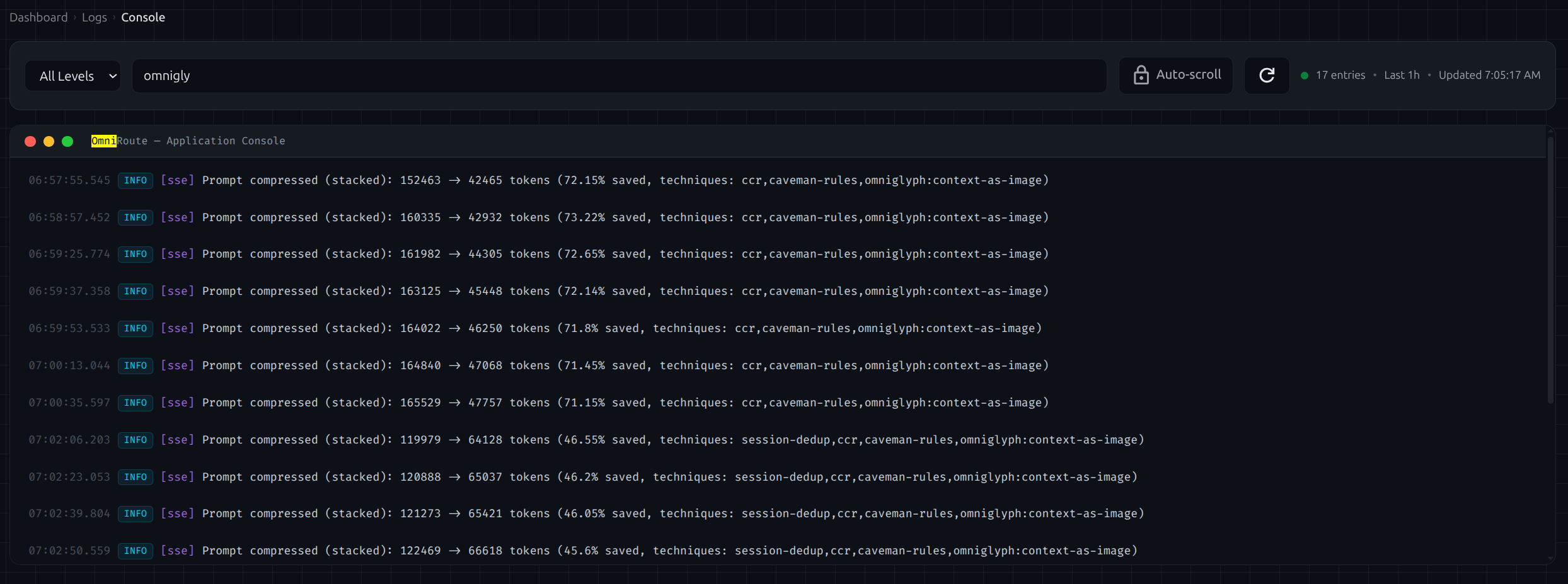 OmniRoute omniglyph dashboard showing a full tool-spec, config, and ledger-record page compressed to roughly 84 tokens