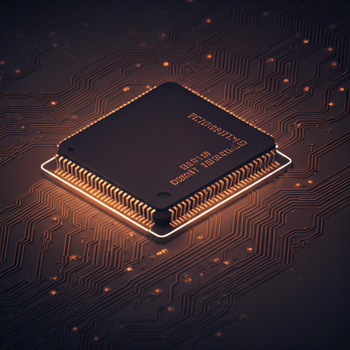 Microchip close-up with neon light glows