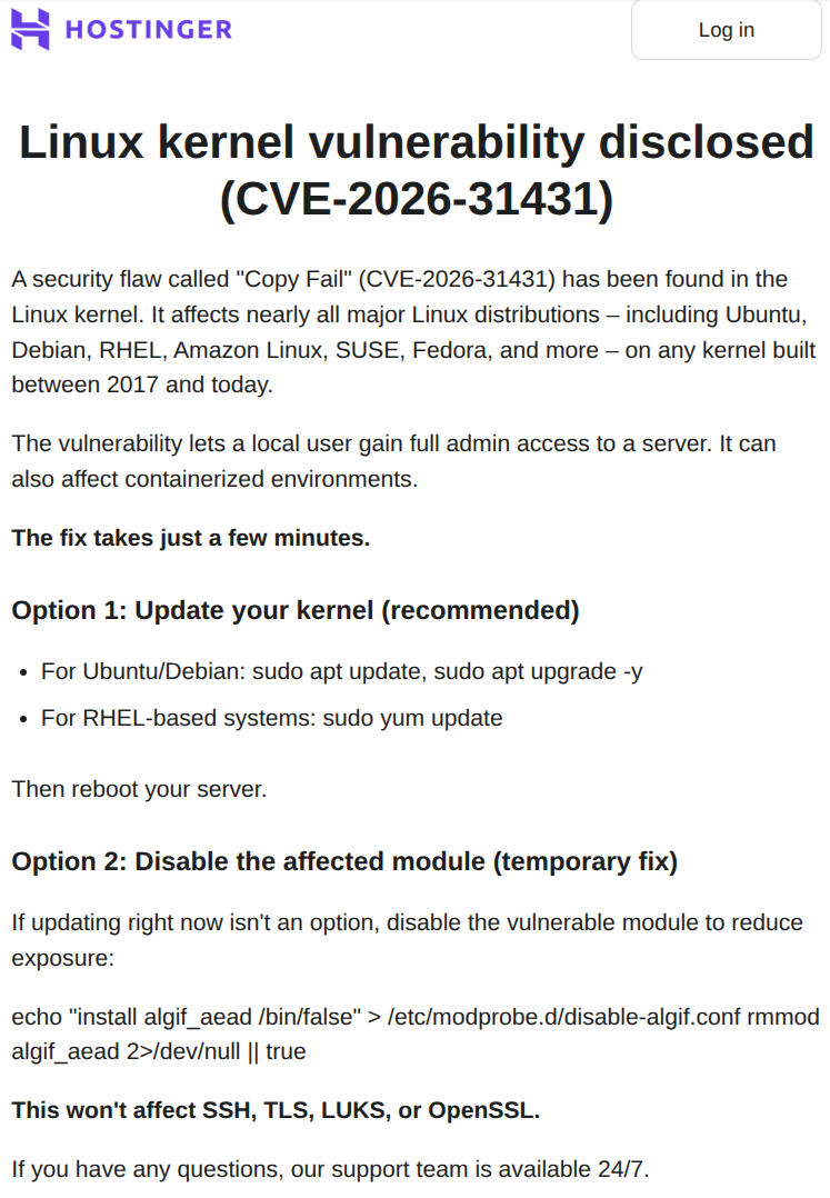 Hostinger warning email about CVE-2026-31431 Linux kernel vulnerability