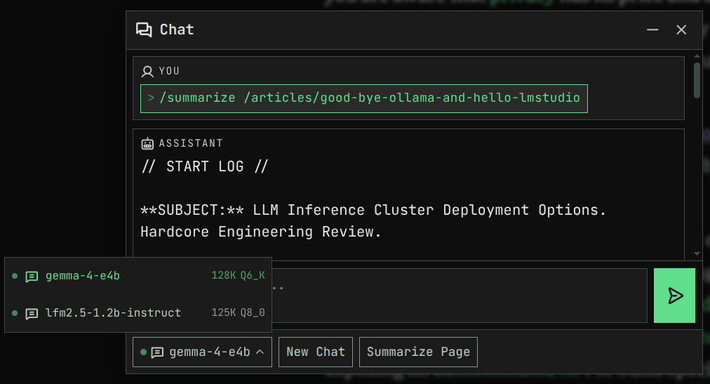 Chat modal model selector showing multiple LLM models available across LM Studio linked devices