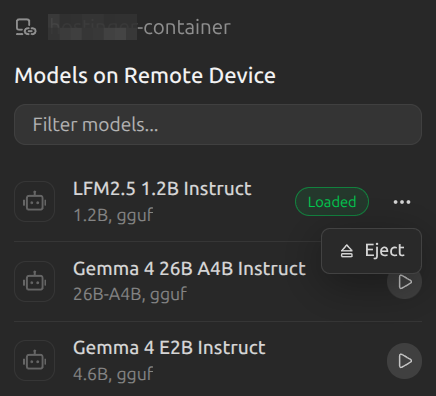 LM Studio remote model management showing models on a linked device — one loaded (LFM2.5), two available for loading (Gemma 4)