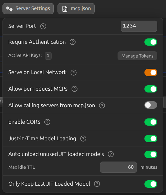 LM Studio server settings panel showing authentication toggle, API key management, JIT loading, CORS, and network serving options