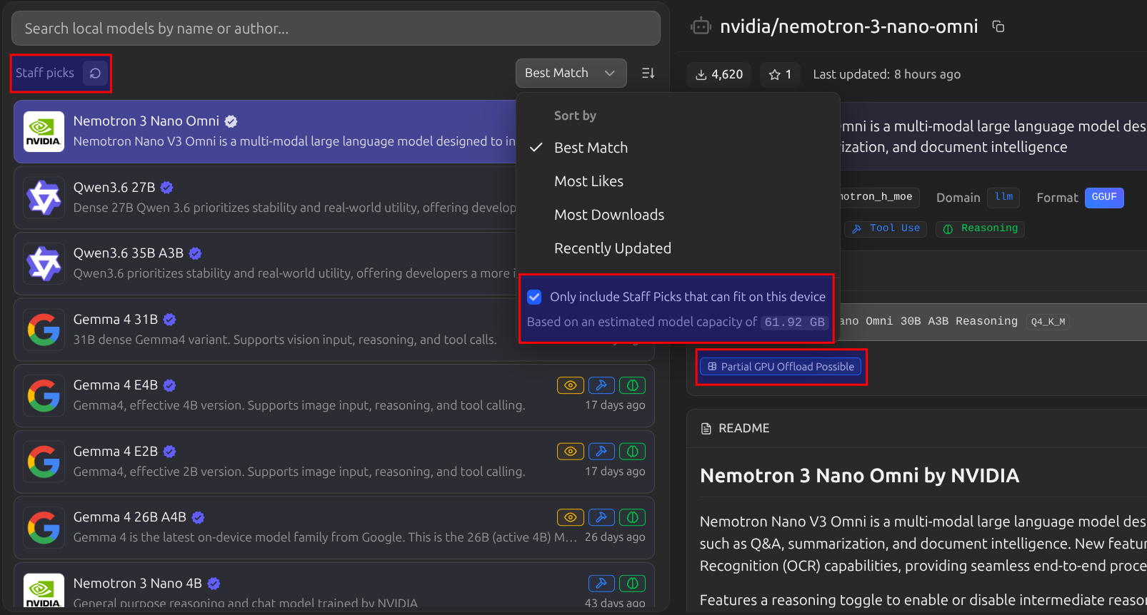 LM Studio's model catalog with Staff Picks filter showing recommended models like Nemotron, Qwen, and Gemma with VRAM estimates